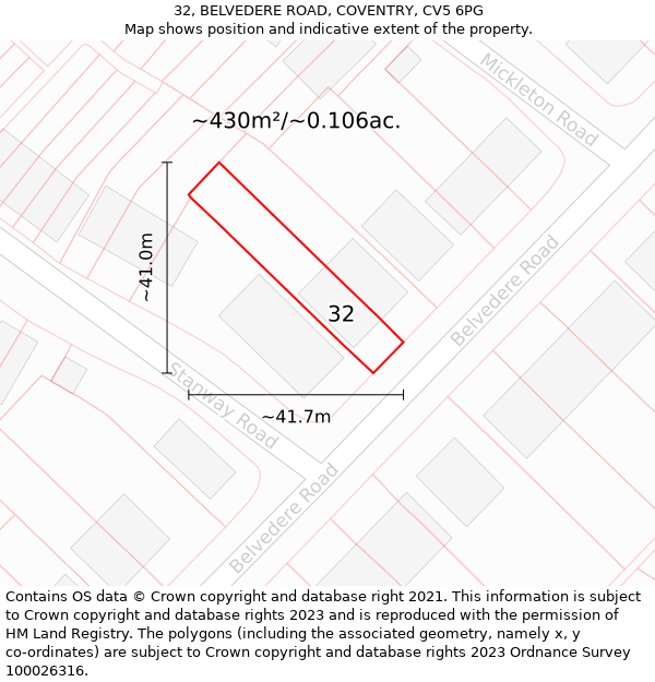 32, BELVEDERE ROAD, COVENTRY, CV5 6PG: Plot and title map