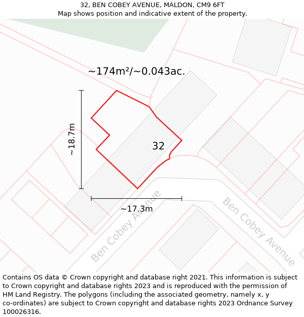 32, BEN COBEY AVENUE, MALDON, CM9 6FT: Plot and title map