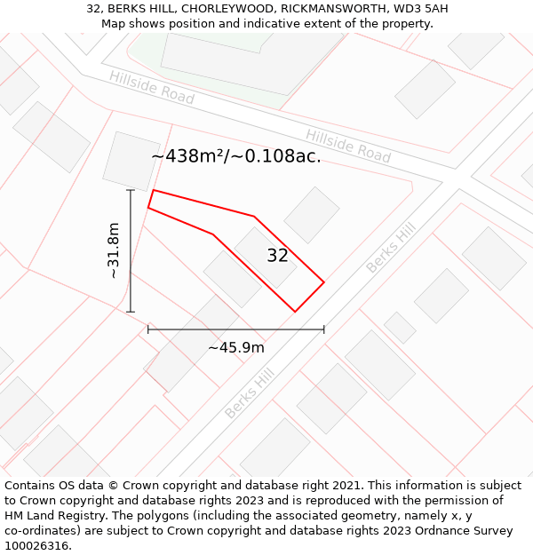 32, BERKS HILL, CHORLEYWOOD, RICKMANSWORTH, WD3 5AH: Plot and title map