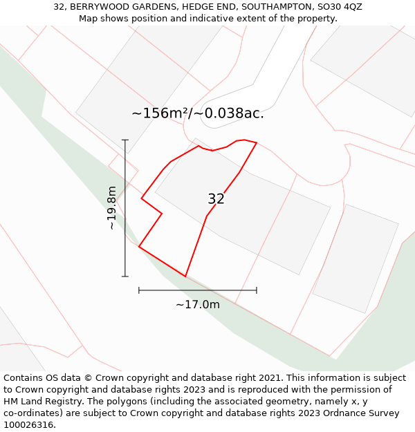 32, BERRYWOOD GARDENS, HEDGE END, SOUTHAMPTON, SO30 4QZ: Plot and title map
