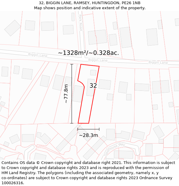 32, BIGGIN LANE, RAMSEY, HUNTINGDON, PE26 1NB: Plot and title map