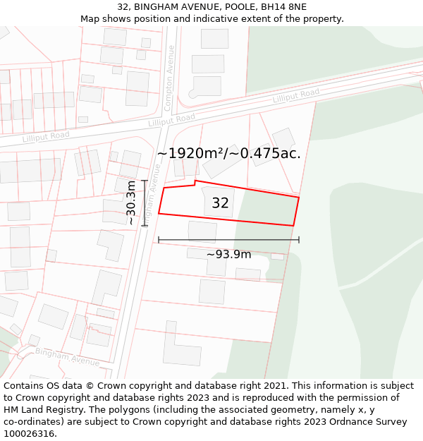 32, BINGHAM AVENUE, POOLE, BH14 8NE: Plot and title map