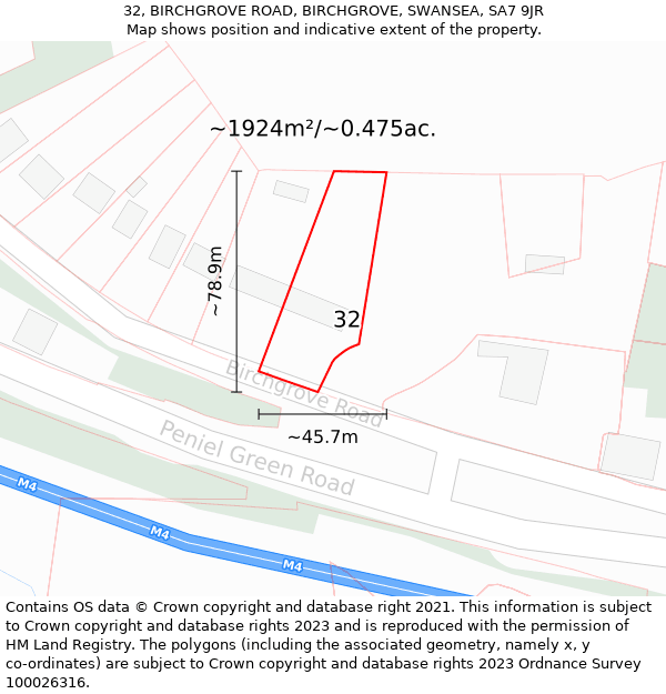 32, BIRCHGROVE ROAD, BIRCHGROVE, SWANSEA, SA7 9JR: Plot and title map