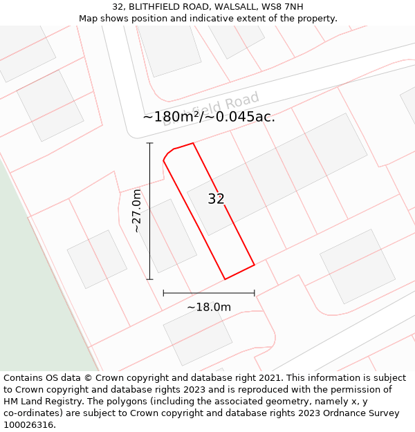 32, BLITHFIELD ROAD, WALSALL, WS8 7NH: Plot and title map