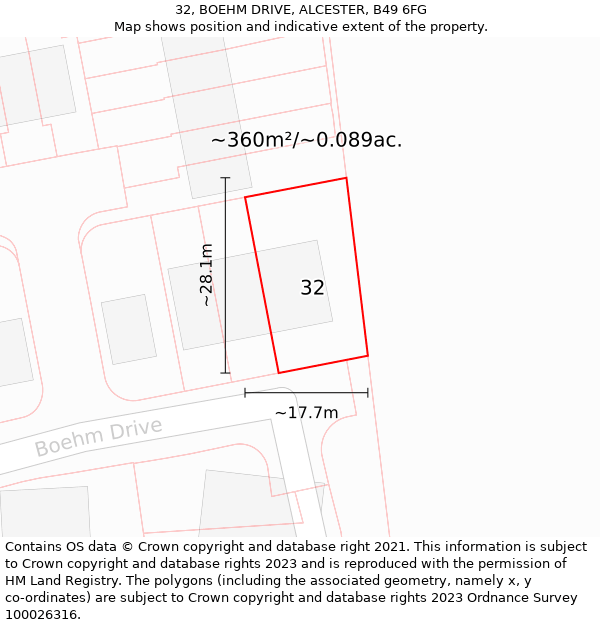 32, BOEHM DRIVE, ALCESTER, B49 6FG: Plot and title map