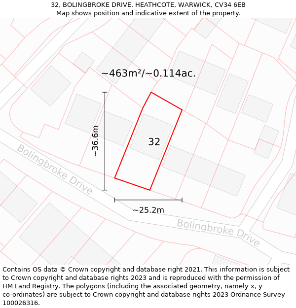 32, BOLINGBROKE DRIVE, HEATHCOTE, WARWICK, CV34 6EB: Plot and title map