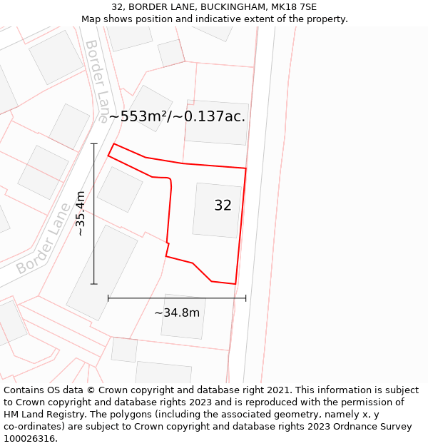 32, BORDER LANE, BUCKINGHAM, MK18 7SE: Plot and title map