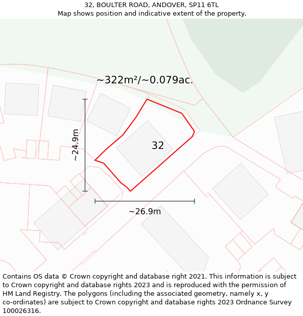 32, BOULTER ROAD, ANDOVER, SP11 6TL: Plot and title map