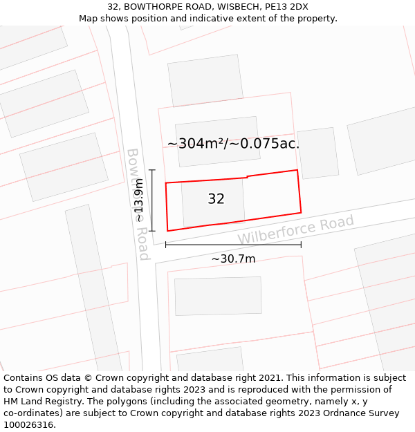 32, BOWTHORPE ROAD, WISBECH, PE13 2DX: Plot and title map