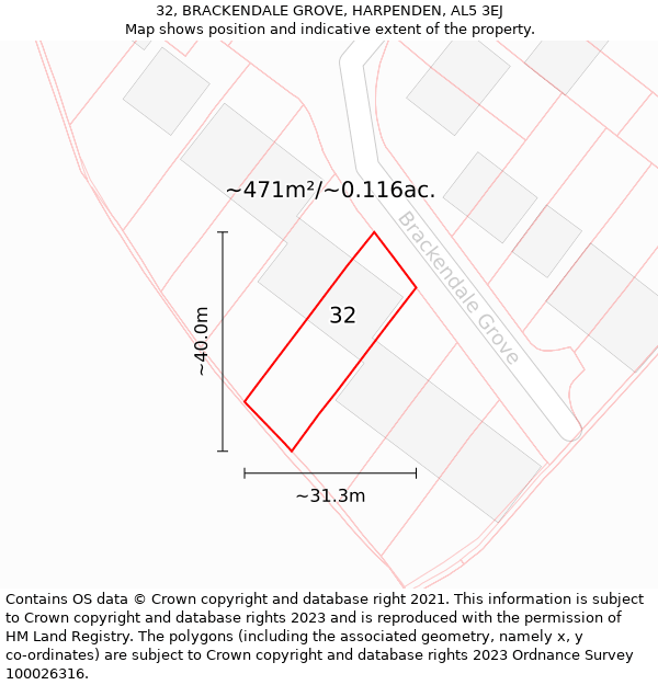 32, BRACKENDALE GROVE, HARPENDEN, AL5 3EJ: Plot and title map