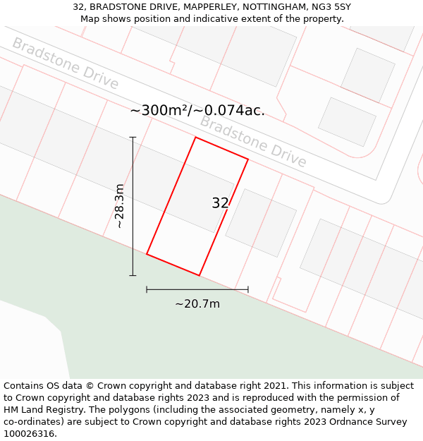 32, BRADSTONE DRIVE, MAPPERLEY, NOTTINGHAM, NG3 5SY: Plot and title map