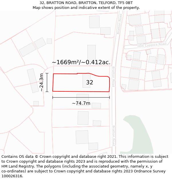 32, BRATTON ROAD, BRATTON, TELFORD, TF5 0BT: Plot and title map