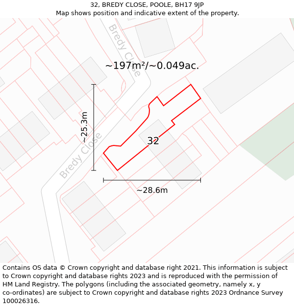 32, BREDY CLOSE, POOLE, BH17 9JP: Plot and title map