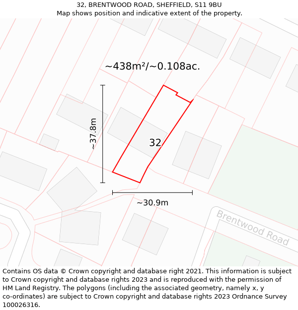 32, BRENTWOOD ROAD, SHEFFIELD, S11 9BU: Plot and title map