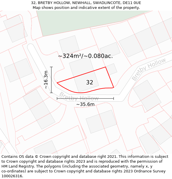 32, BRETBY HOLLOW, NEWHALL, SWADLINCOTE, DE11 0UE: Plot and title map