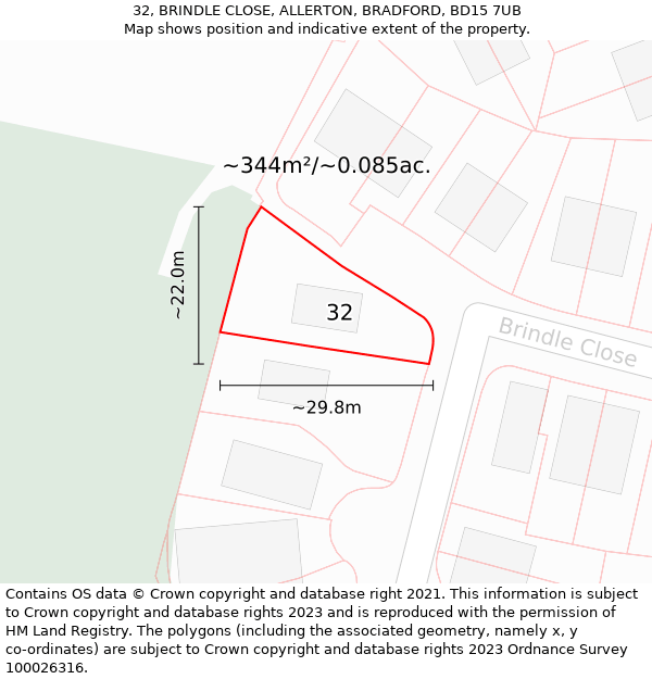 32, BRINDLE CLOSE, ALLERTON, BRADFORD, BD15 7UB: Plot and title map