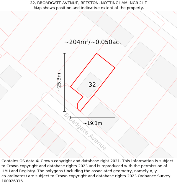 32, BROADGATE AVENUE, BEESTON, NOTTINGHAM, NG9 2HE: Plot and title map