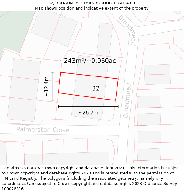 32, BROADMEAD, FARNBOROUGH, GU14 0RJ: Plot and title map