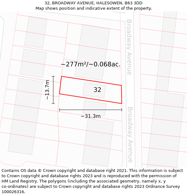 32, BROADWAY AVENUE, HALESOWEN, B63 3DD: Plot and title map