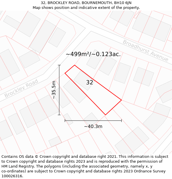 32, BROCKLEY ROAD, BOURNEMOUTH, BH10 6JN: Plot and title map