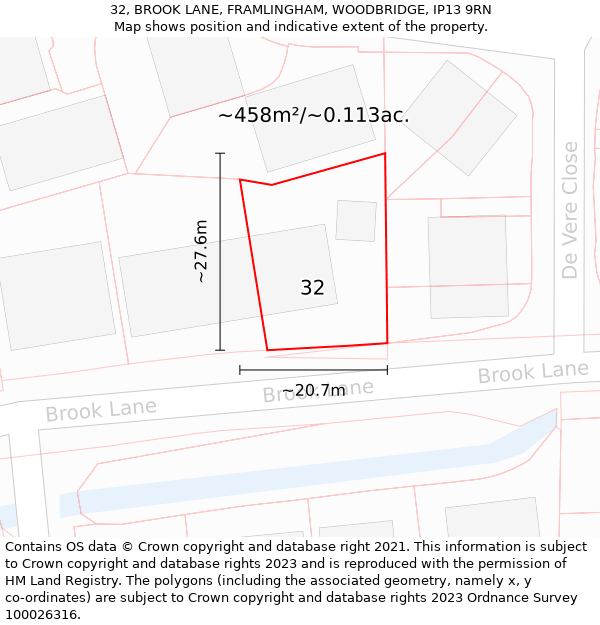 32, BROOK LANE, FRAMLINGHAM, WOODBRIDGE, IP13 9RN: Plot and title map