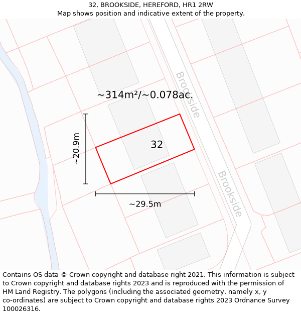 32, BROOKSIDE, HEREFORD, HR1 2RW: Plot and title map