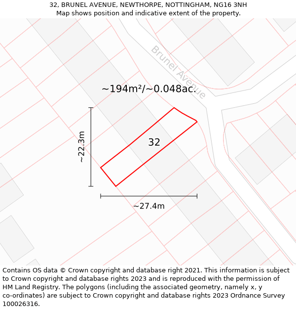 32, BRUNEL AVENUE, NEWTHORPE, NOTTINGHAM, NG16 3NH: Plot and title map