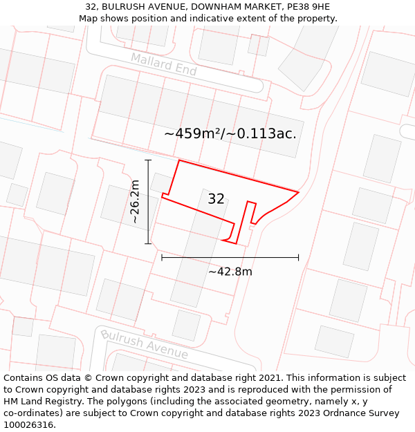 32, BULRUSH AVENUE, DOWNHAM MARKET, PE38 9HE: Plot and title map