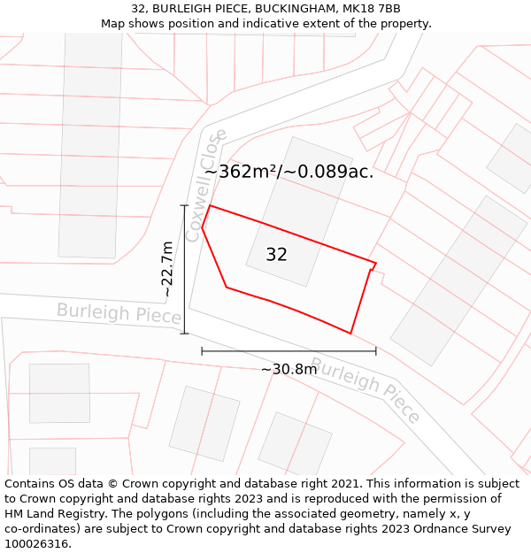 32, BURLEIGH PIECE, BUCKINGHAM, MK18 7BB: Plot and title map