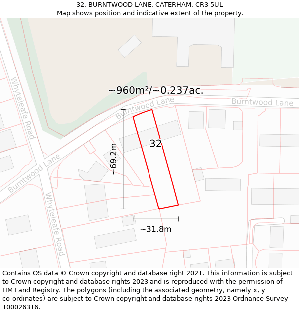 32, BURNTWOOD LANE, CATERHAM, CR3 5UL: Plot and title map