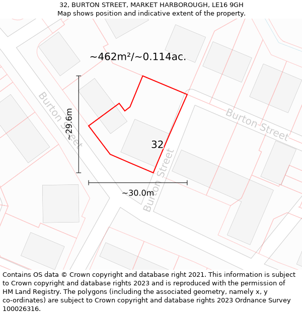 32, BURTON STREET, MARKET HARBOROUGH, LE16 9GH: Plot and title map