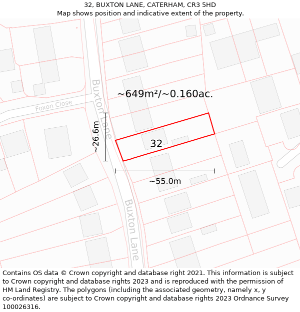 32, BUXTON LANE, CATERHAM, CR3 5HD: Plot and title map