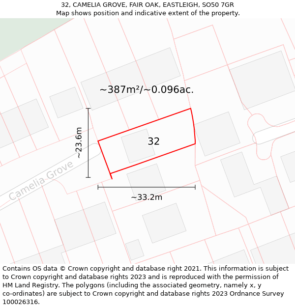 32, CAMELIA GROVE, FAIR OAK, EASTLEIGH, SO50 7GR: Plot and title map