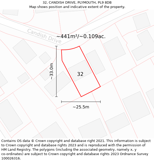 32, CANDISH DRIVE, PLYMOUTH, PL9 8DB: Plot and title map