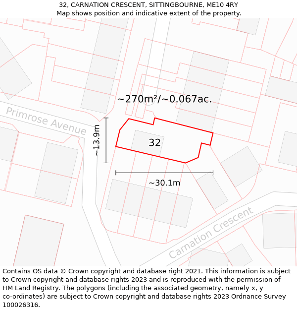 32, CARNATION CRESCENT, SITTINGBOURNE, ME10 4RY: Plot and title map