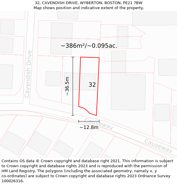 32, CAVENDISH DRIVE, WYBERTON, BOSTON, PE21 7BW: Plot and title map