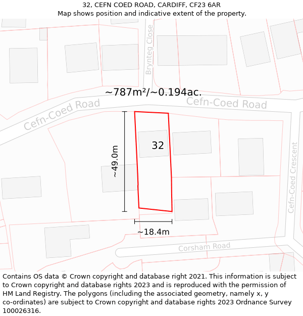 32, CEFN COED ROAD, CARDIFF, CF23 6AR: Plot and title map