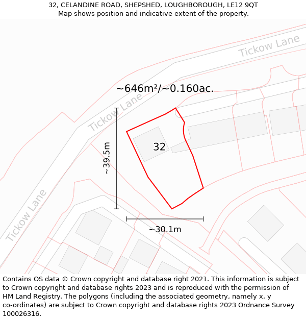 32, CELANDINE ROAD, SHEPSHED, LOUGHBOROUGH, LE12 9QT: Plot and title map