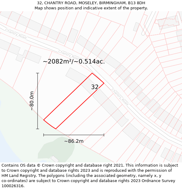 32, CHANTRY ROAD, MOSELEY, BIRMINGHAM, B13 8DH: Plot and title map