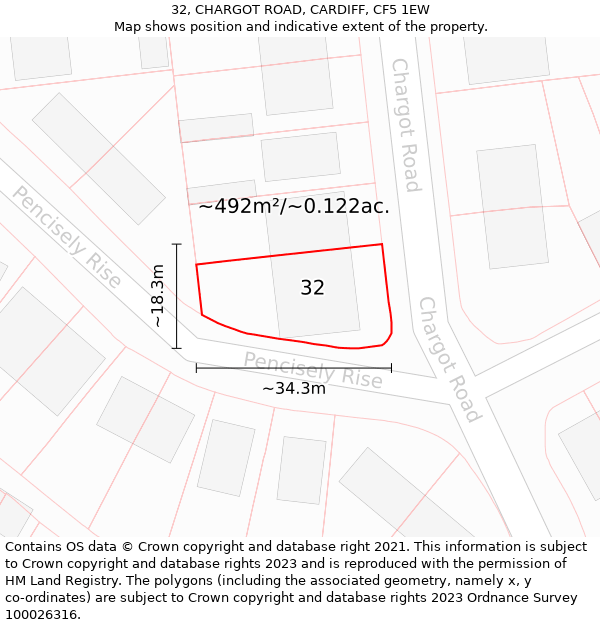 32, CHARGOT ROAD, CARDIFF, CF5 1EW: Plot and title map