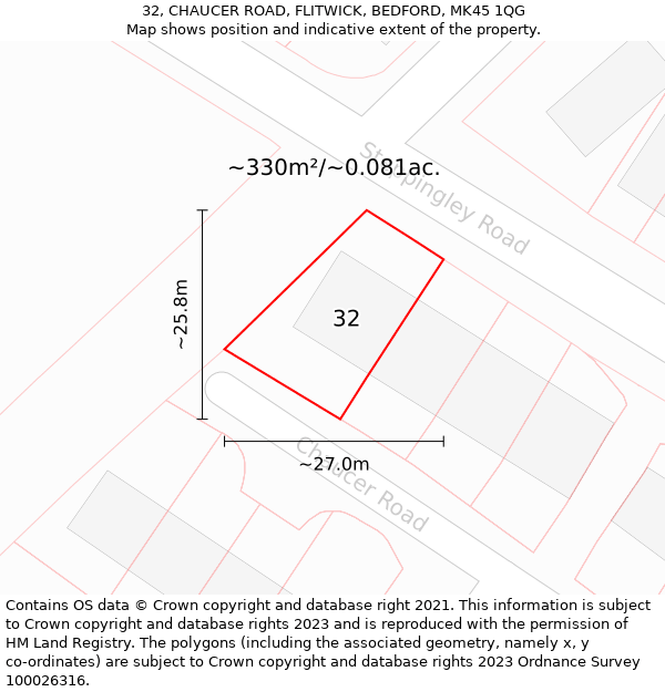 32, CHAUCER ROAD, FLITWICK, BEDFORD, MK45 1QG: Plot and title map