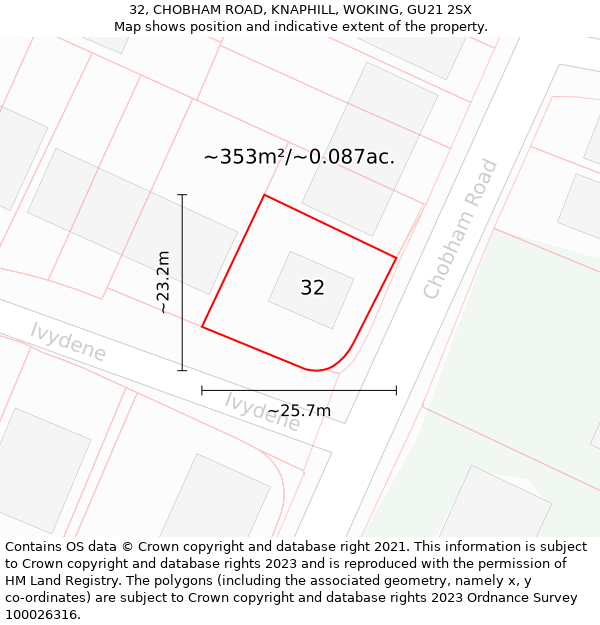 32, CHOBHAM ROAD, KNAPHILL, WOKING, GU21 2SX: Plot and title map