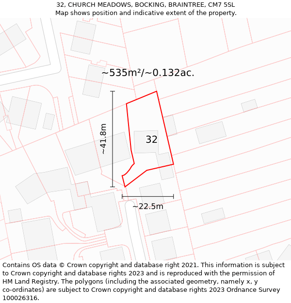 32, CHURCH MEADOWS, BOCKING, BRAINTREE, CM7 5SL: Plot and title map