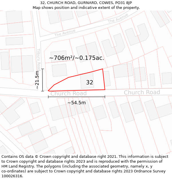 32, CHURCH ROAD, GURNARD, COWES, PO31 8JP: Plot and title map