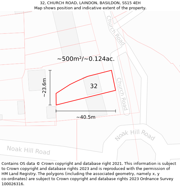 32, CHURCH ROAD, LAINDON, BASILDON, SS15 4EH: Plot and title map