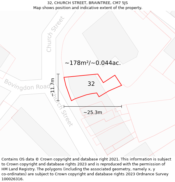 32, CHURCH STREET, BRAINTREE, CM7 5JS: Plot and title map