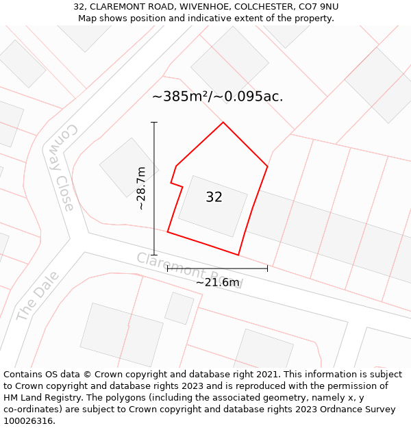 32, CLAREMONT ROAD, WIVENHOE, COLCHESTER, CO7 9NU: Plot and title map