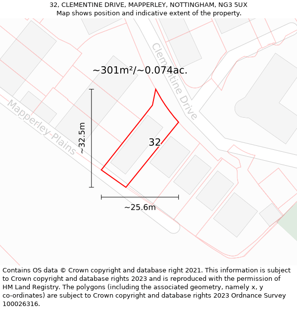 32, CLEMENTINE DRIVE, MAPPERLEY, NOTTINGHAM, NG3 5UX: Plot and title map