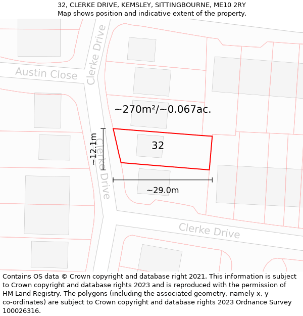 32, CLERKE DRIVE, KEMSLEY, SITTINGBOURNE, ME10 2RY: Plot and title map