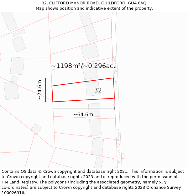 32, CLIFFORD MANOR ROAD, GUILDFORD, GU4 8AQ: Plot and title map